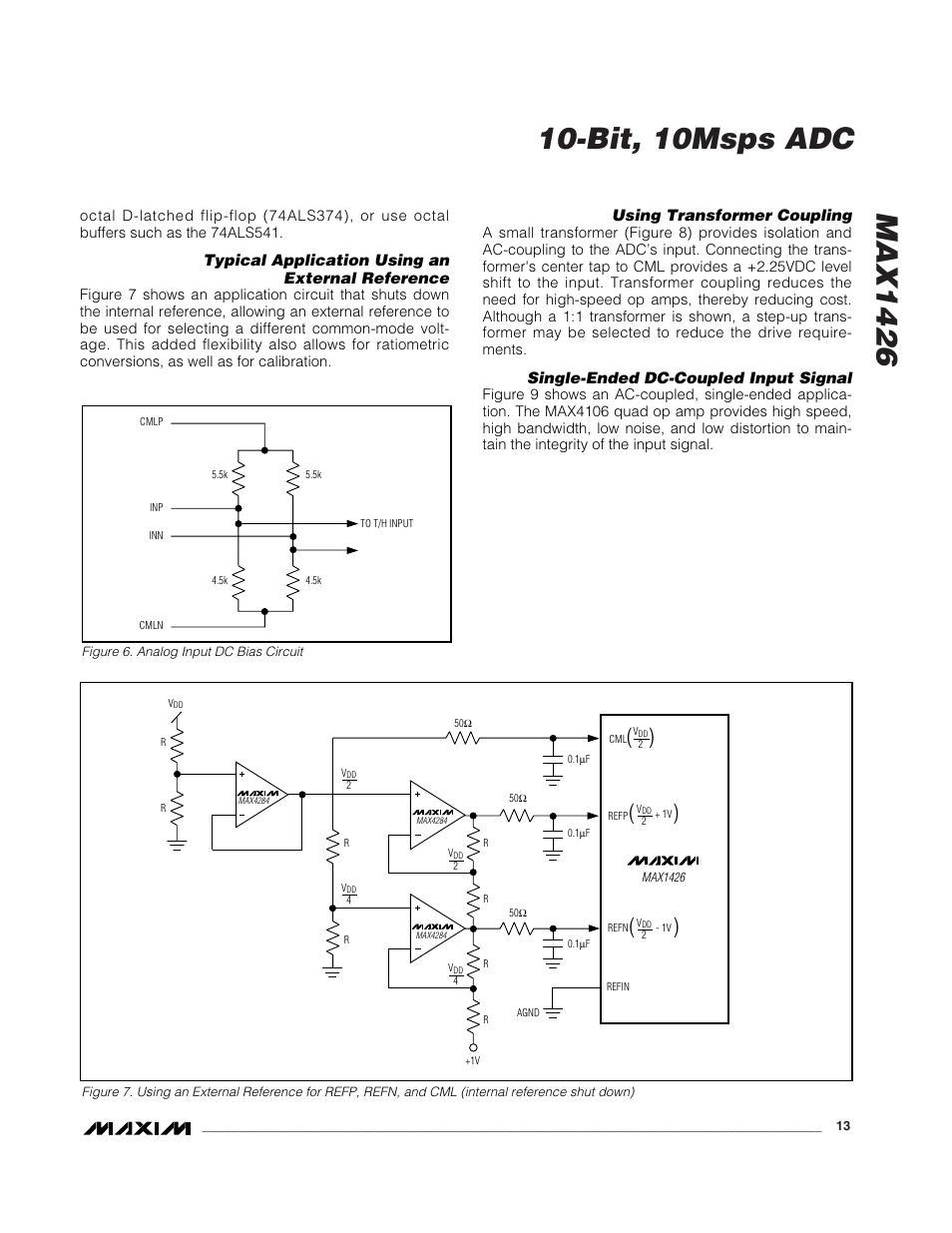 Typical application using an external reference, Using transformer coupling, Single-ended dc-coupled input signal | Rainbow Electronics MAX1426 User Manual | Page 13 / 16