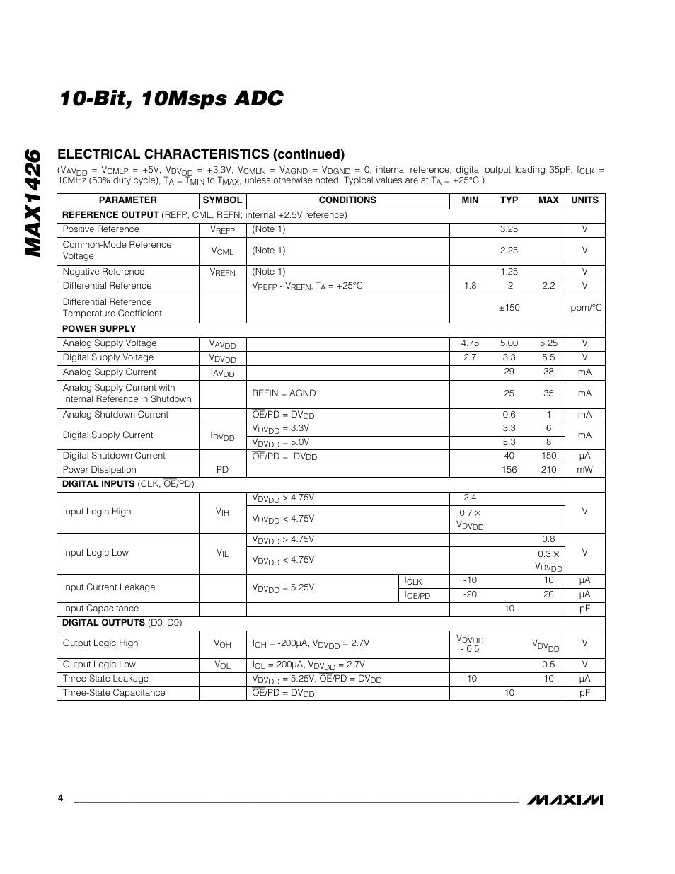 Electrical characteristics (continued) | Rainbow Electronics MAX1426 User Manual | Page 4 / 16