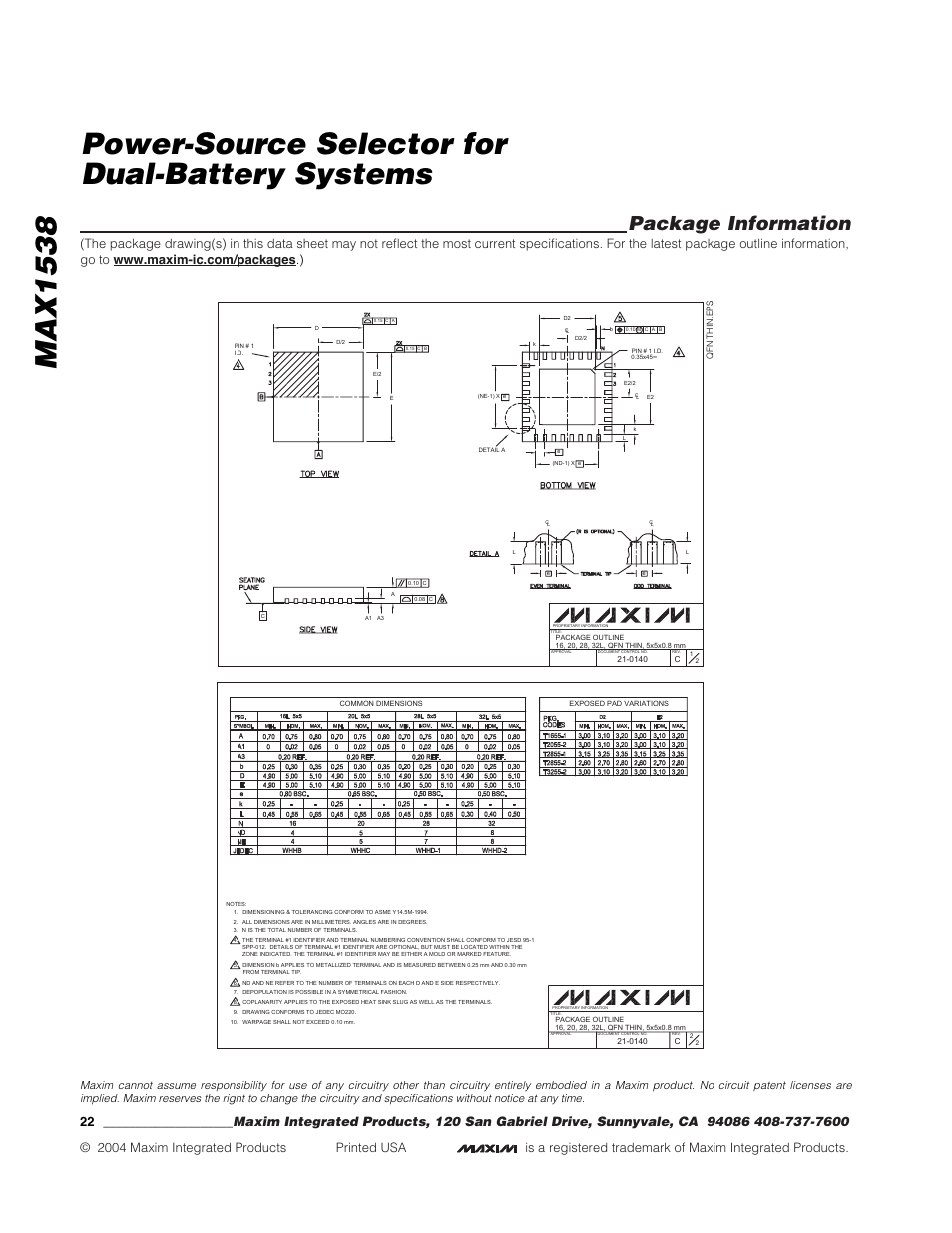 Package information | Rainbow Electronics MAX1538 User Manual | Page 22 / 22