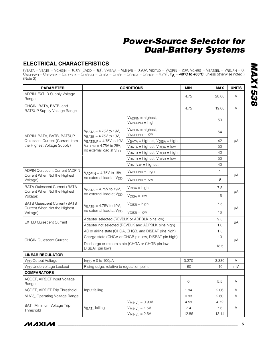 Electrical characteristics | Rainbow Electronics MAX1538 User Manual | Page 5 / 22