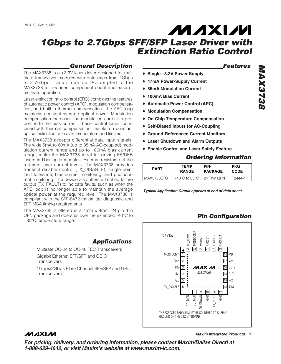 Rainbow Electronics MAX3738 User Manual | 14 pages