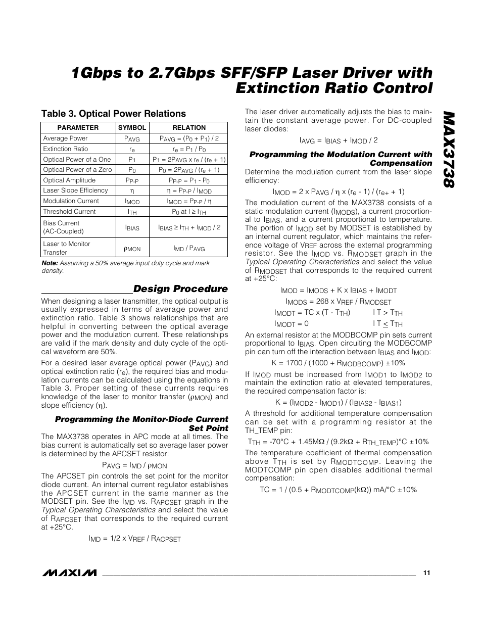 Design procedure, Table 3. optical power relations | Rainbow Electronics MAX3738 User Manual | Page 11 / 14