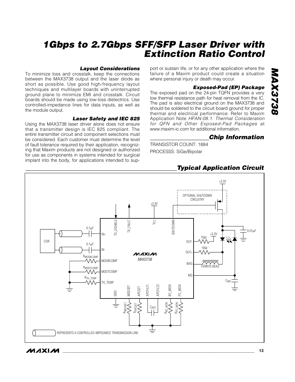 Chip information, Typical application circuit | Rainbow Electronics MAX3738 User Manual | Page 13 / 14