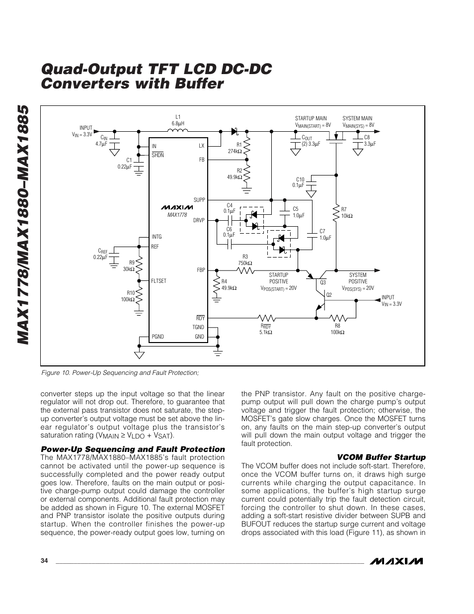 Power-up sequencing and fault protection, Vcom buffer startup | Rainbow Electronics MAX1885 User Manual | Page 34 / 38