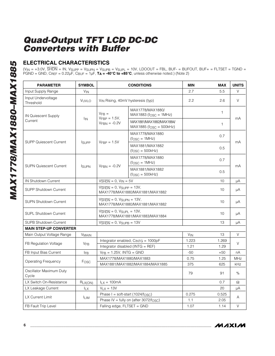 Electrical characteristics | Rainbow Electronics MAX1885 User Manual | Page 6 / 38