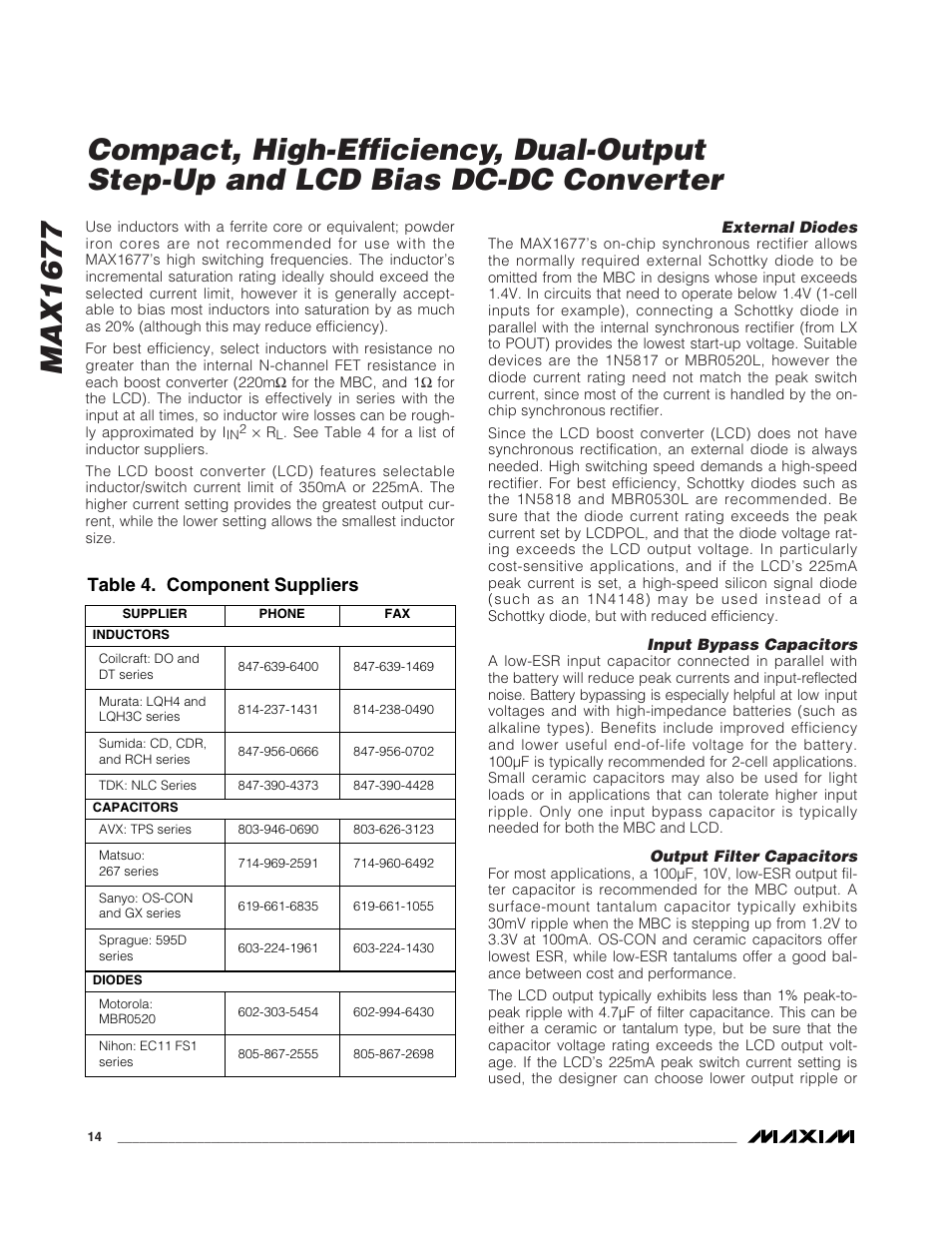Table 4. component suppliers | Rainbow Electronics MAX1677 User Manual | Page 14 / 16