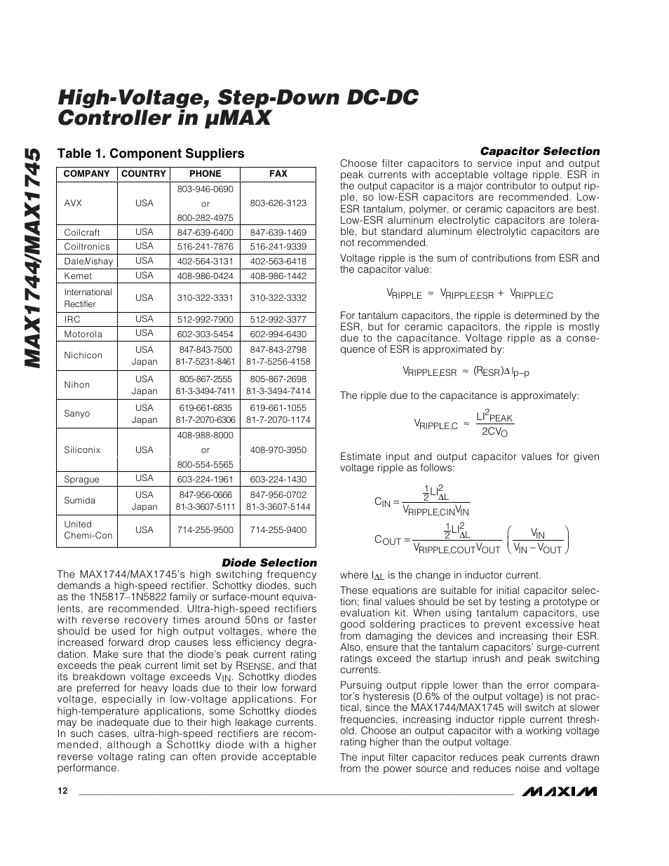 Table 1. component suppliers | Rainbow Electronics MAX1745 User Manual | Page 12 / 14