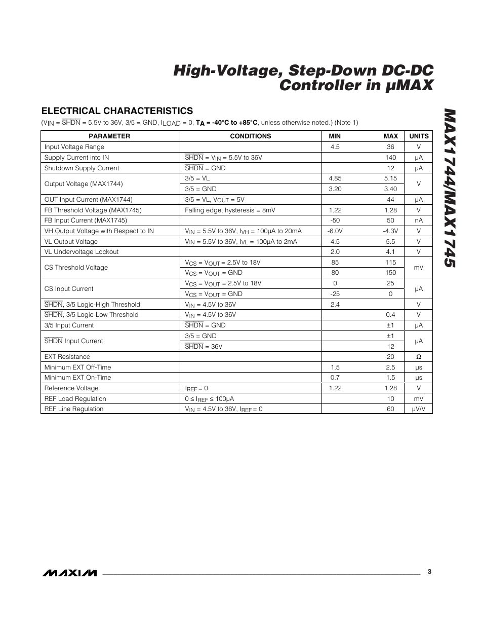 Electrical characteristics | Rainbow Electronics MAX1745 User Manual | Page 3 / 14