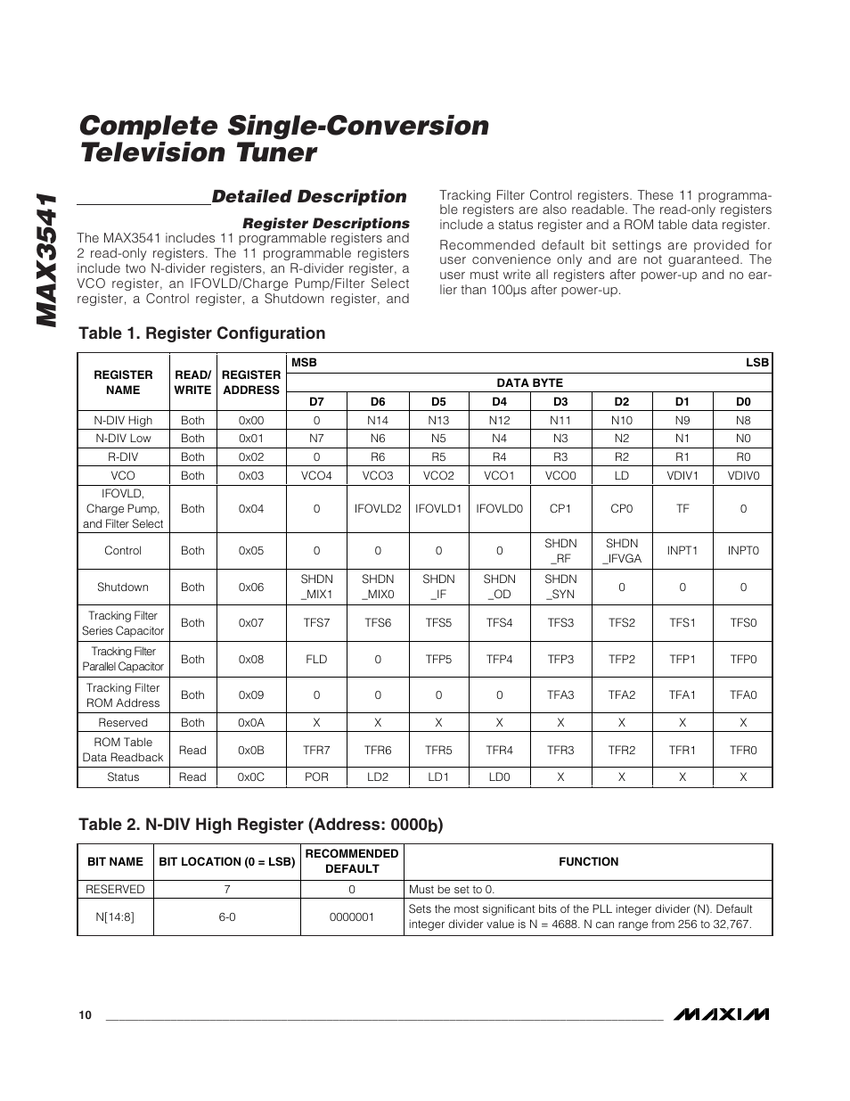 Max3541, Complete single-conversion television tuner, Detailed description | Table 1. register configuration | Rainbow Electronics MAX3541 User Manual | Page 10 / 20