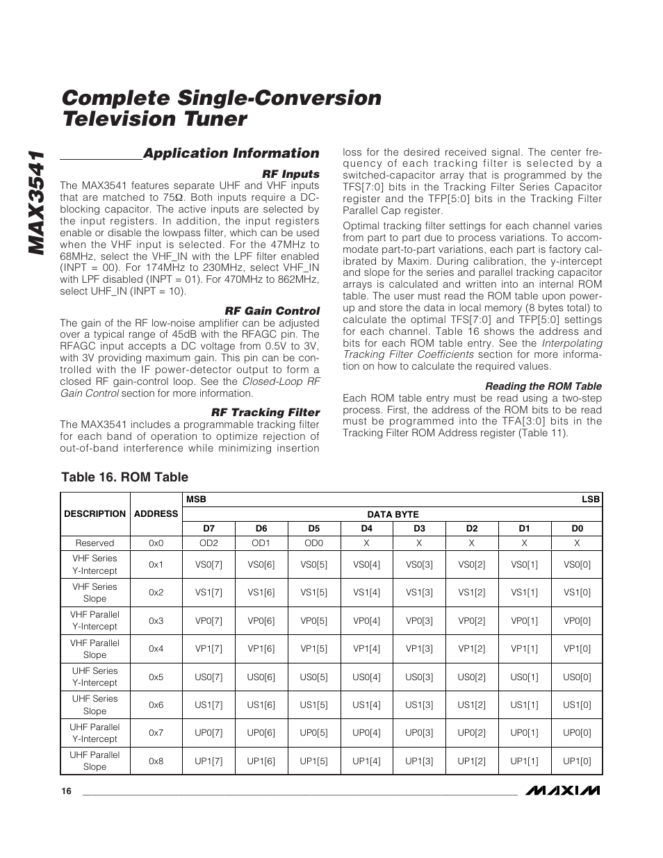Max3541, Complete single-conversion television tuner, Application information | Table 16. rom table | Rainbow Electronics MAX3541 User Manual | Page 16 / 20
