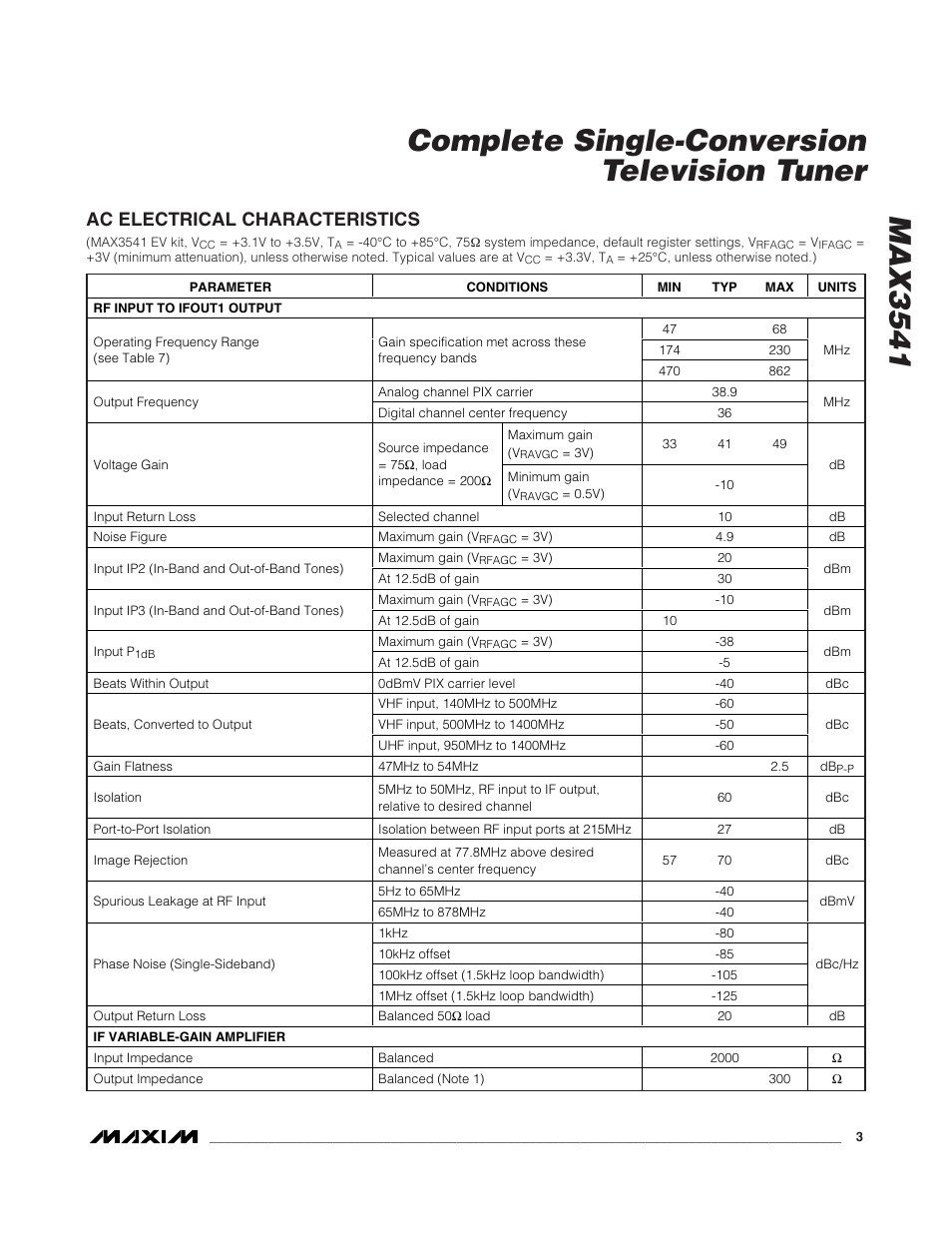 Ac electrical characteristics | Rainbow Electronics MAX3541 User Manual | Page 3 / 20