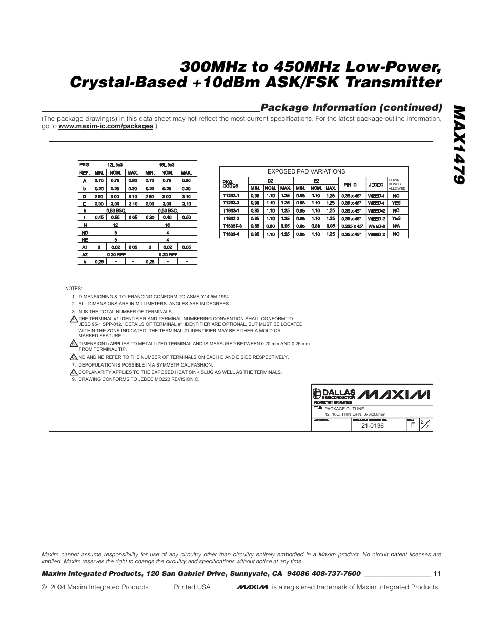 Package information (continued) | Rainbow Electronics MAX1479 User Manual | Page 11 / 11