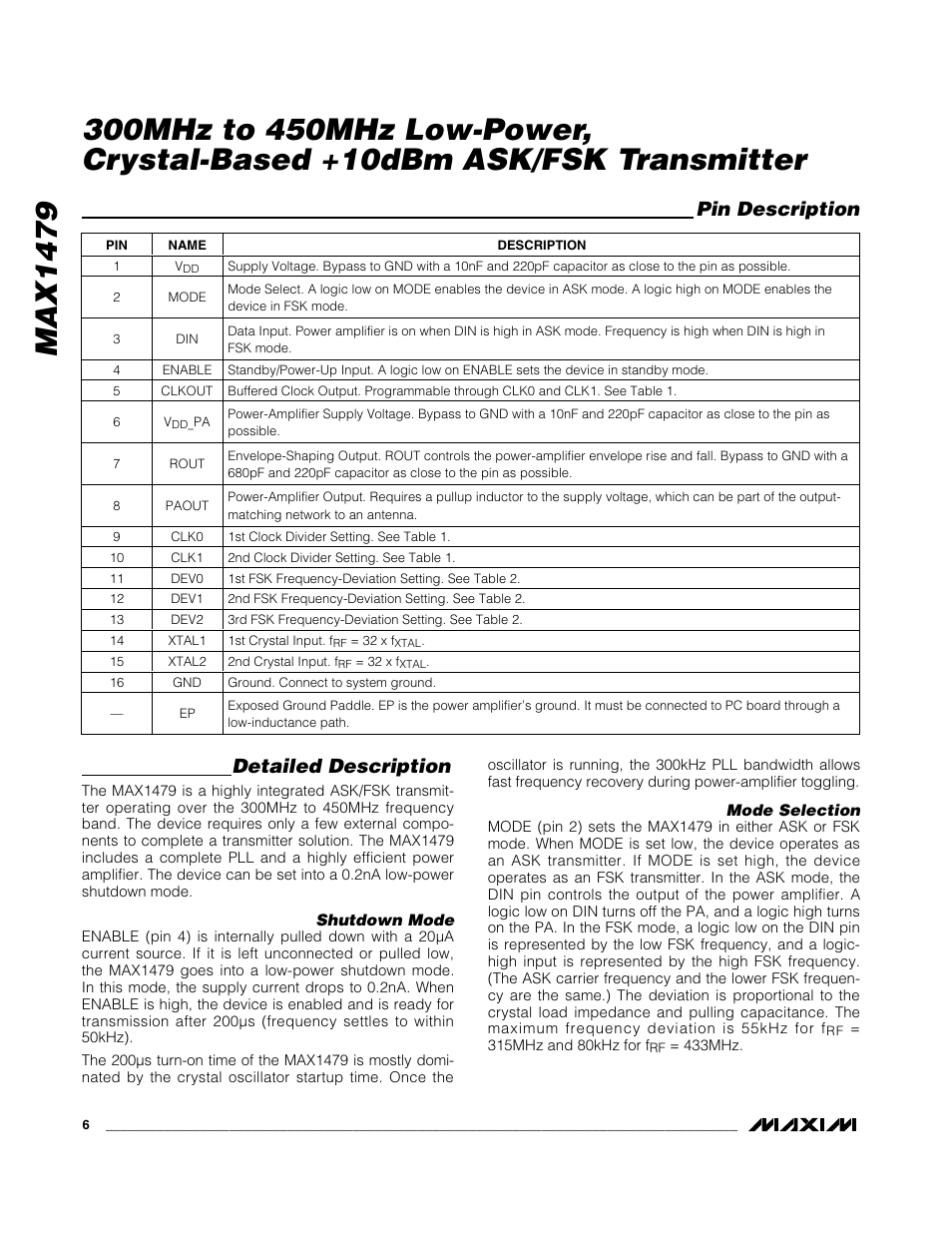 Detailed description, Pin description | Rainbow Electronics MAX1479 User Manual | Page 6 / 11