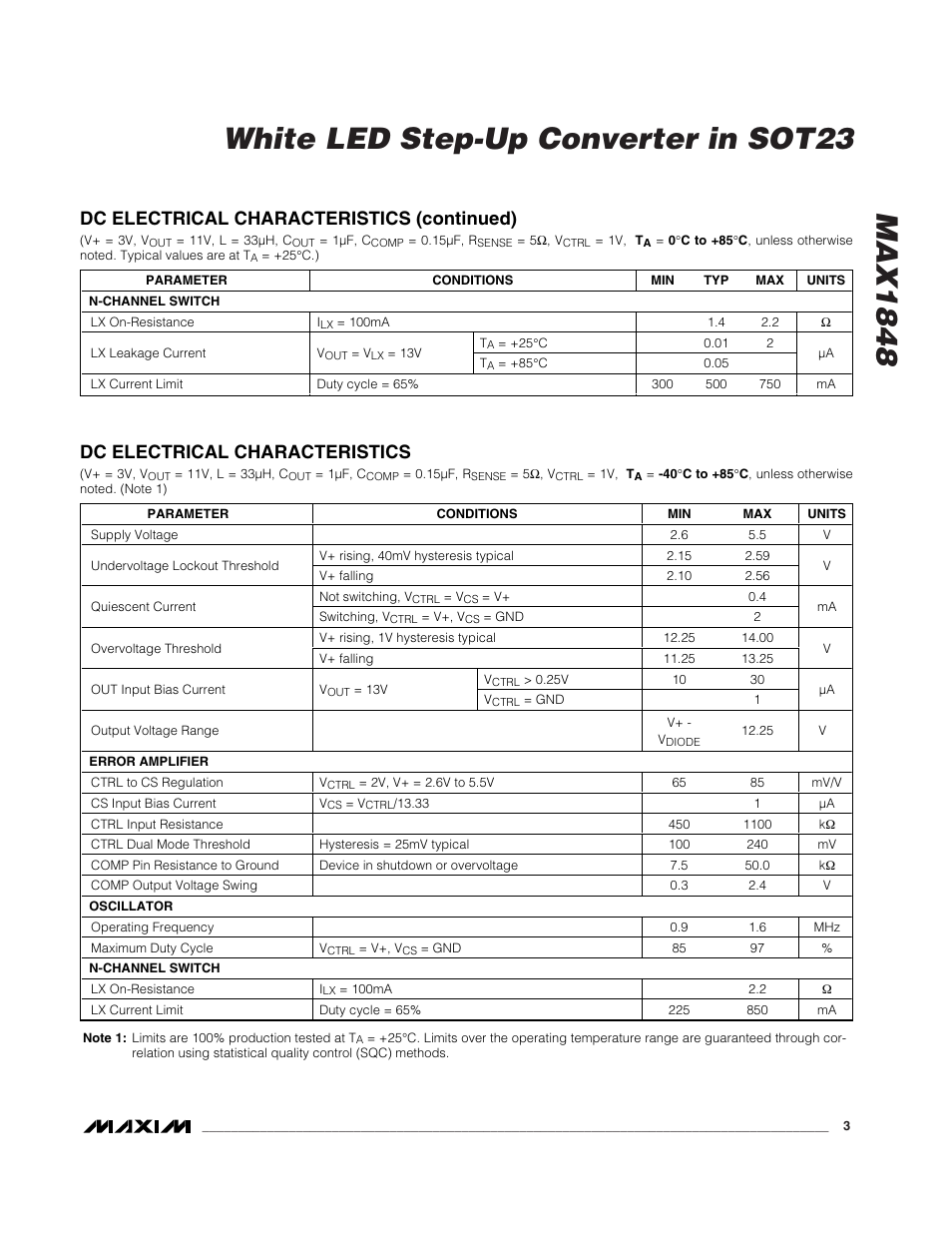 Dc electrical characteristics (continued), Dc electrical characteristics | Rainbow Electronics MAX1848 User Manual | Page 3 / 9