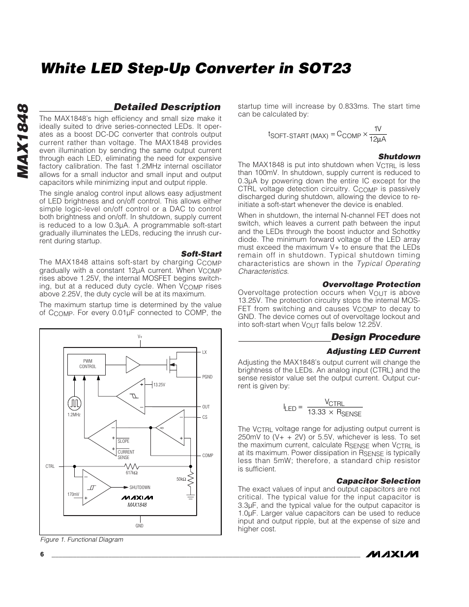 Max1848, White led step-up converter in sot23, Detailed description | Design procedure | Rainbow Electronics MAX1848 User Manual | Page 6 / 9