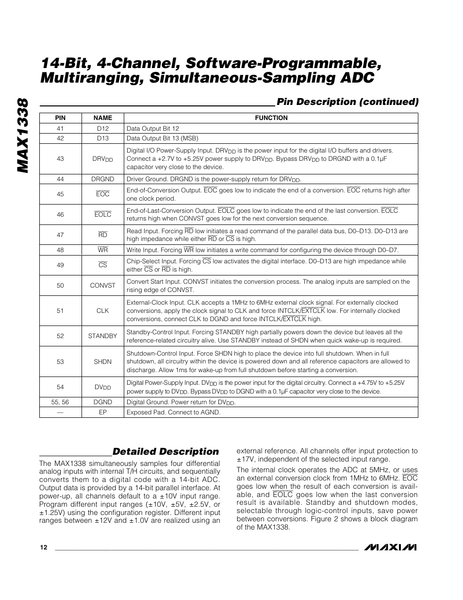 Max1338, Detailed description, Pin description (continued) | Rainbow Electronics MAX1338 User Manual | Page 12 / 24