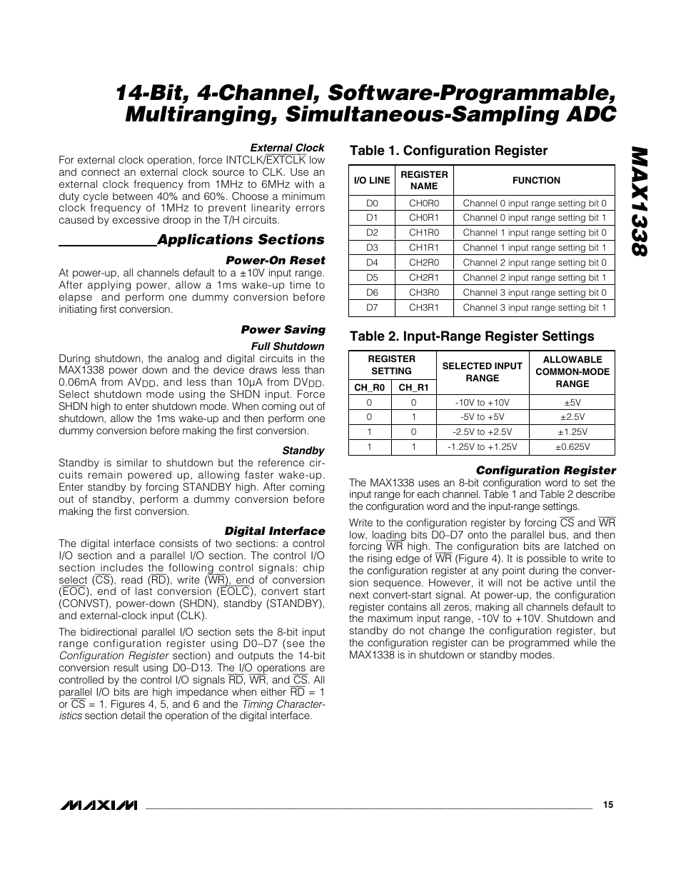 Table 1. configuration register, Table 2. input-range register settings | Rainbow Electronics MAX1338 User Manual | Page 15 / 24