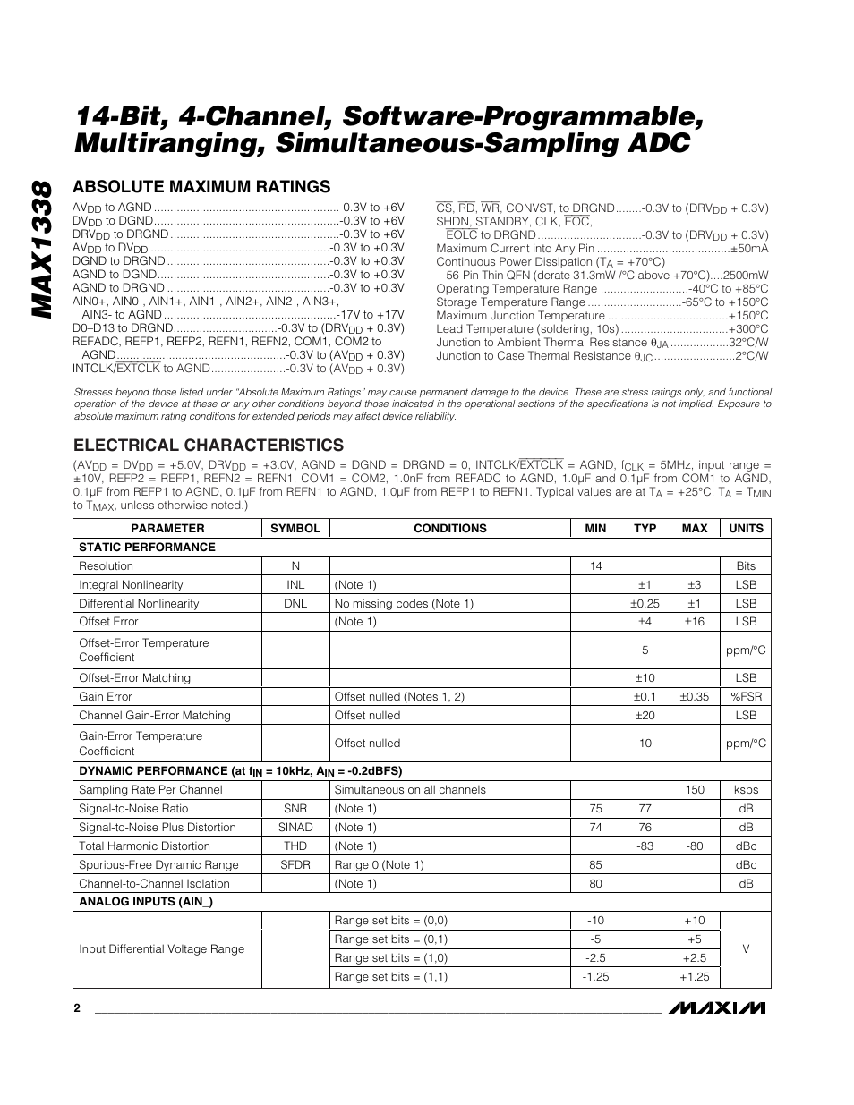 Absolute maximum ratings, Electrical characteristics | Rainbow Electronics MAX1338 User Manual | Page 2 / 24