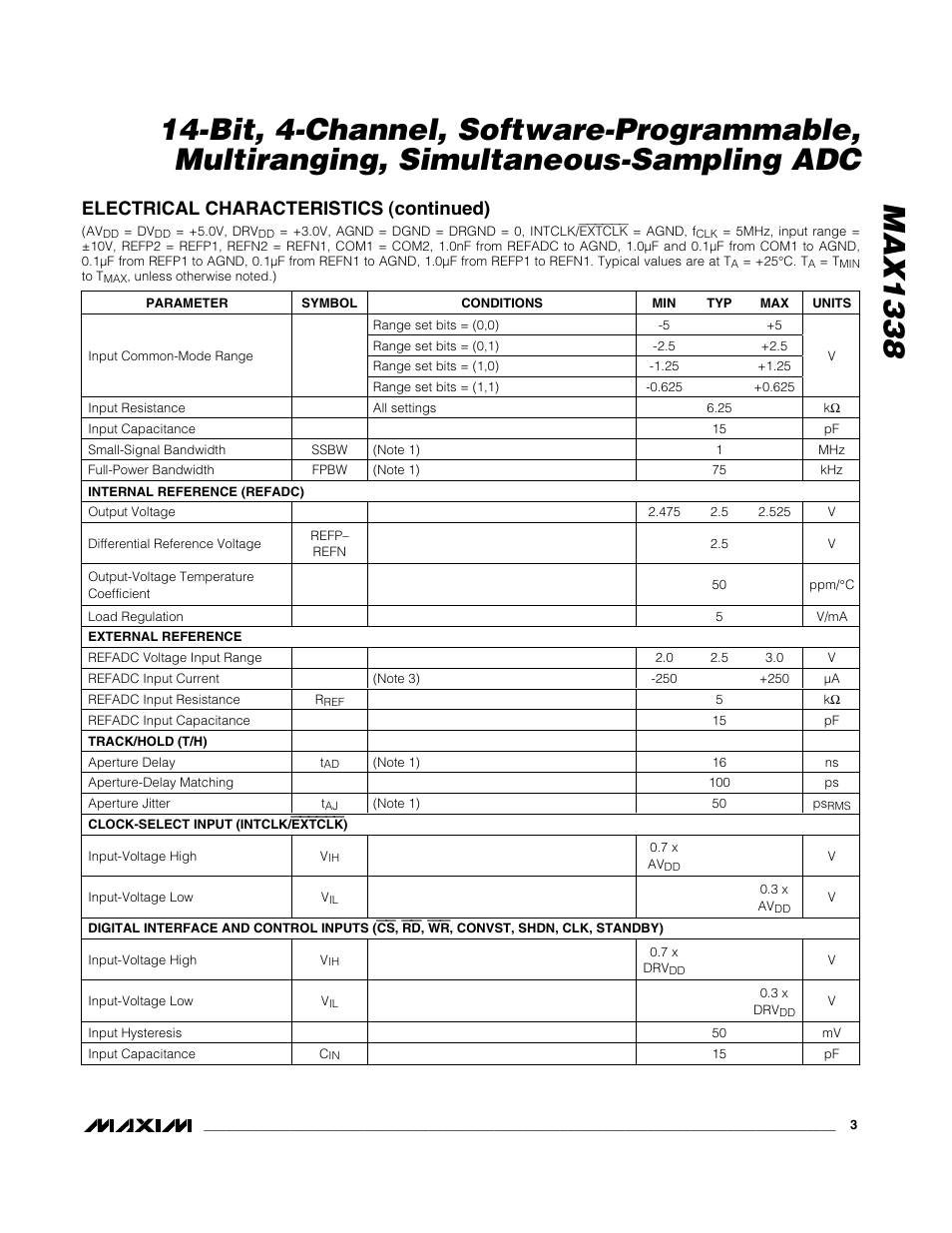 Electrical characteristics (continued) | Rainbow Electronics MAX1338 User Manual | Page 3 / 24