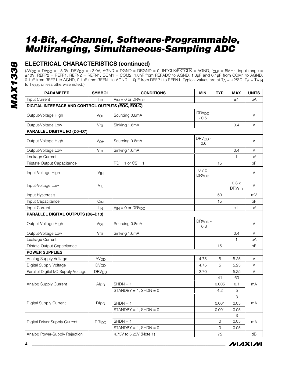Electrical characteristics (continued) | Rainbow Electronics MAX1338 User Manual | Page 4 / 24