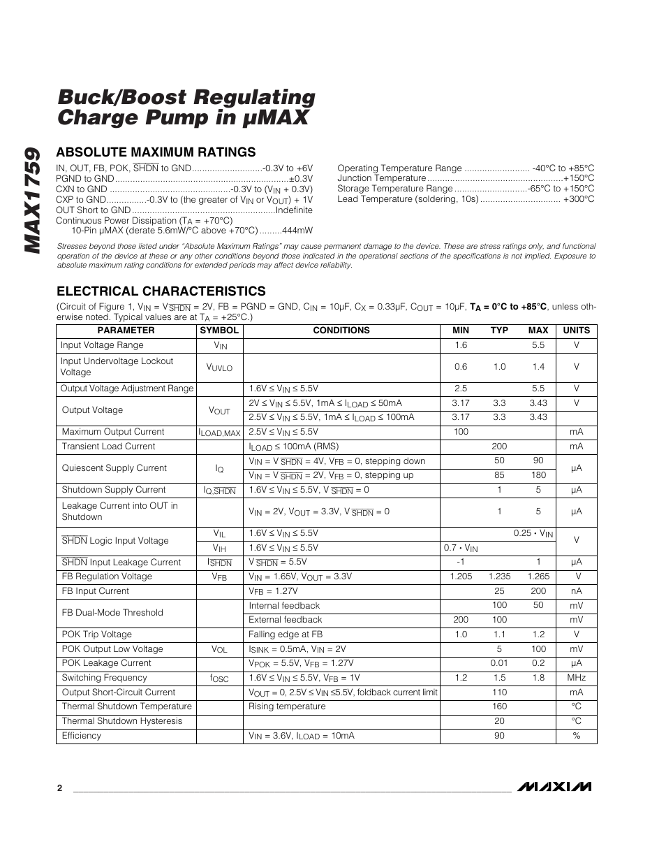 Max1759 buck/boost regulating charge pump in µmax | Rainbow Electronics MAX1759 User Manual | Page 2 / 10