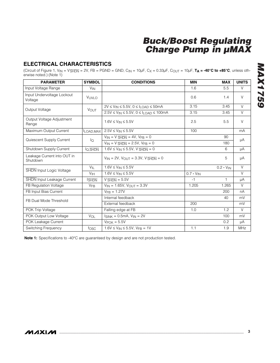 Max1759 buck/boost regulating charge pump in µmax, Electrical characteristics | Rainbow Electronics MAX1759 User Manual | Page 3 / 10