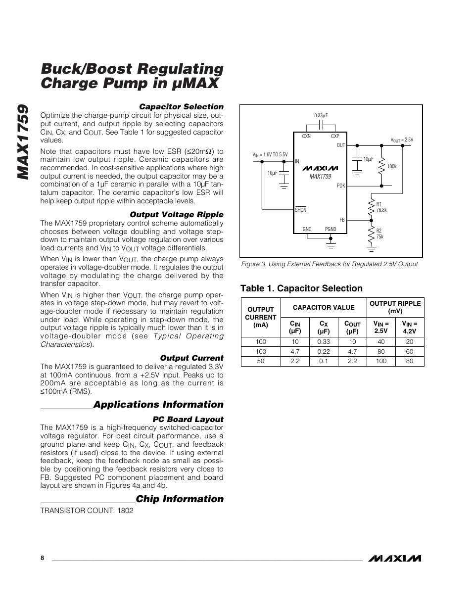 Max1759 buck/boost regulating charge pump in µmax, Applications information, Chip information | Table 1. capacitor selection | Rainbow Electronics MAX1759 User Manual | Page 8 / 10