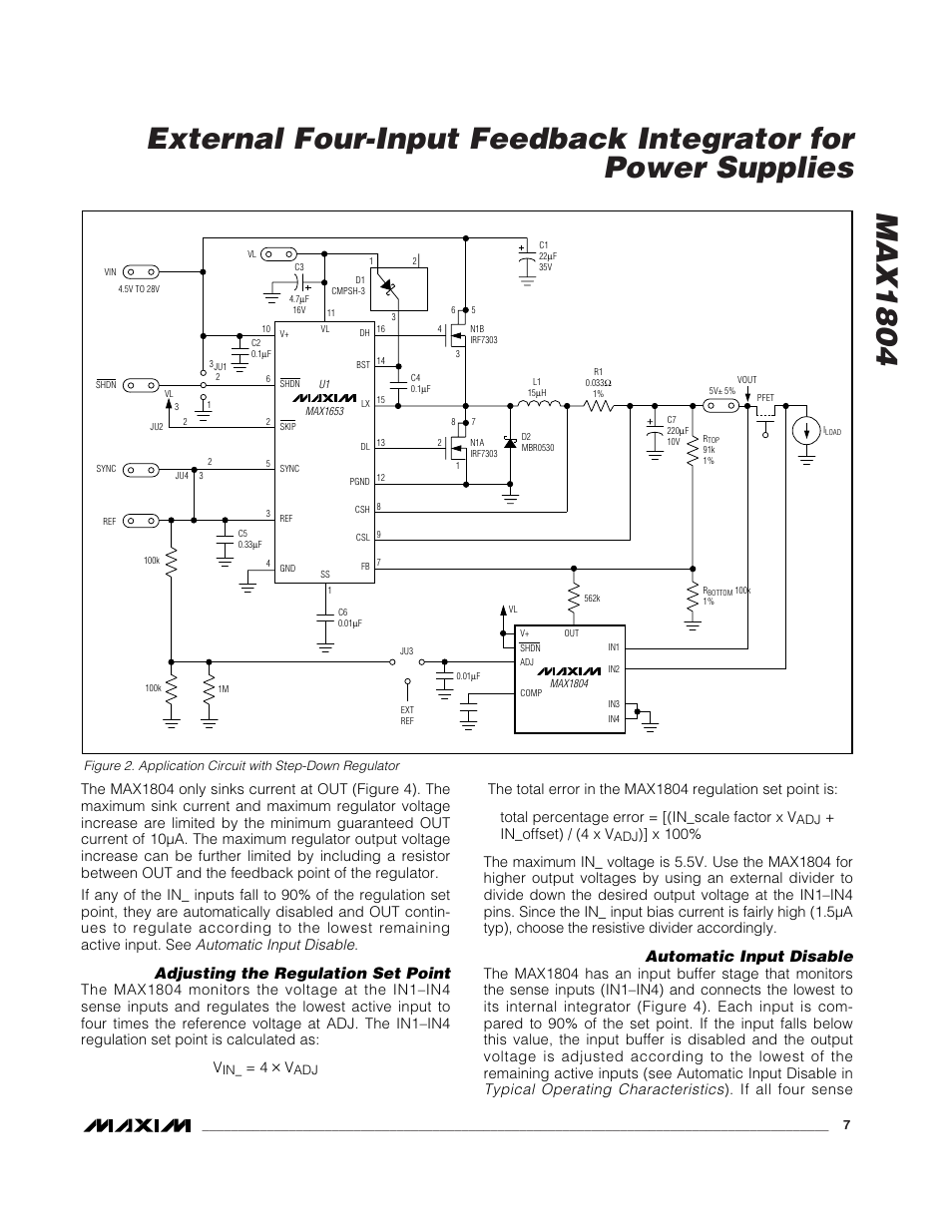 Adjusting the regulation set point, Automatic input disable, In_offset) / (4 x v | Rainbow Electronics MAX1804 User Manual | Page 7 / 11