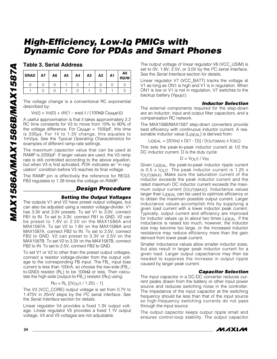 Pmics with dynamic core for pdas and smart phones, Design procedure, Table 3. serial address | Rainbow Electronics MAX1587A User Manual | Page 24 / 32