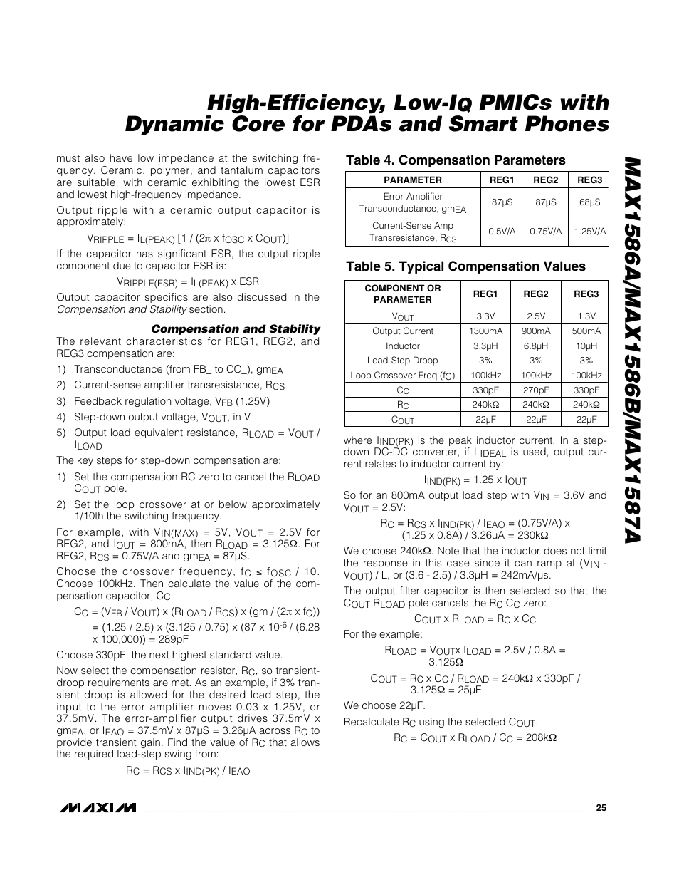 Pmics with dynamic core for pdas and smart phones, Table 4. compensation parameters, Table 5. typical compensation values | Rainbow Electronics MAX1587A User Manual | Page 25 / 32