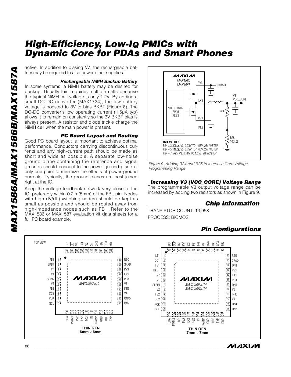 Pmics with dynamic core for pdas and smart phones, Chip information, Pin configurations | Pc board layout and routing, Increasing v3 (vcc_core) voltage range | Rainbow Electronics MAX1587A User Manual | Page 28 / 32