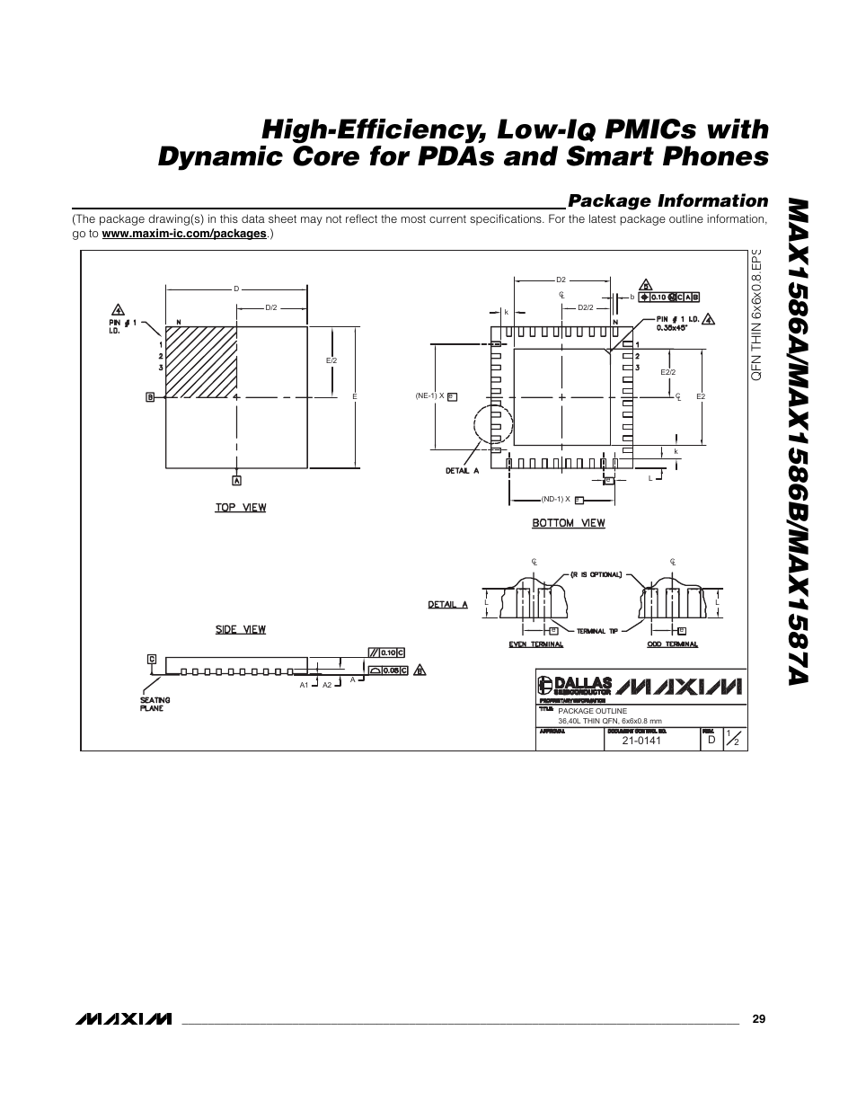 Pmics with dynamic core for pdas and smart phones, Package information | Rainbow Electronics MAX1587A User Manual | Page 29 / 32