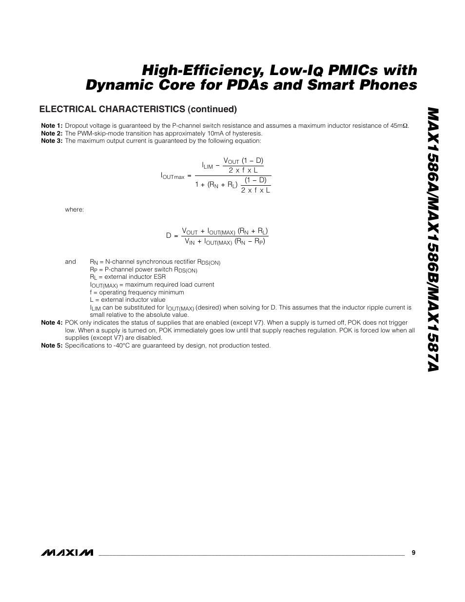 Pmics with dynamic core for pdas and smart phones, Electrical characteristics (continued) | Rainbow Electronics MAX1587A User Manual | Page 9 / 32