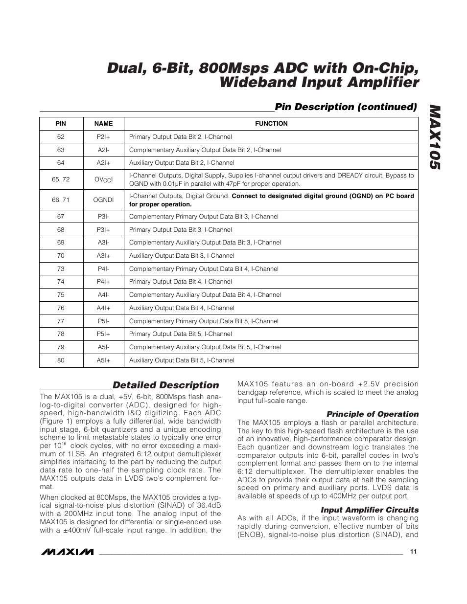 Detailed description, Pin description (continued) | Rainbow Electronics MAX105 User Manual | Page 11 / 21