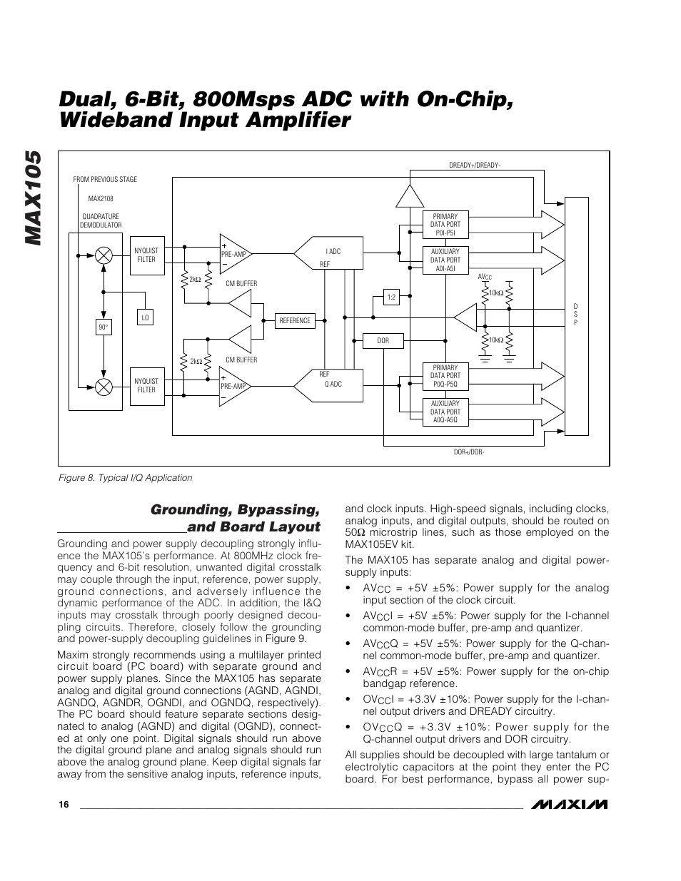 Max105, Grounding, bypassing, and board layout | Rainbow Electronics MAX105 User Manual | Page 16 / 21