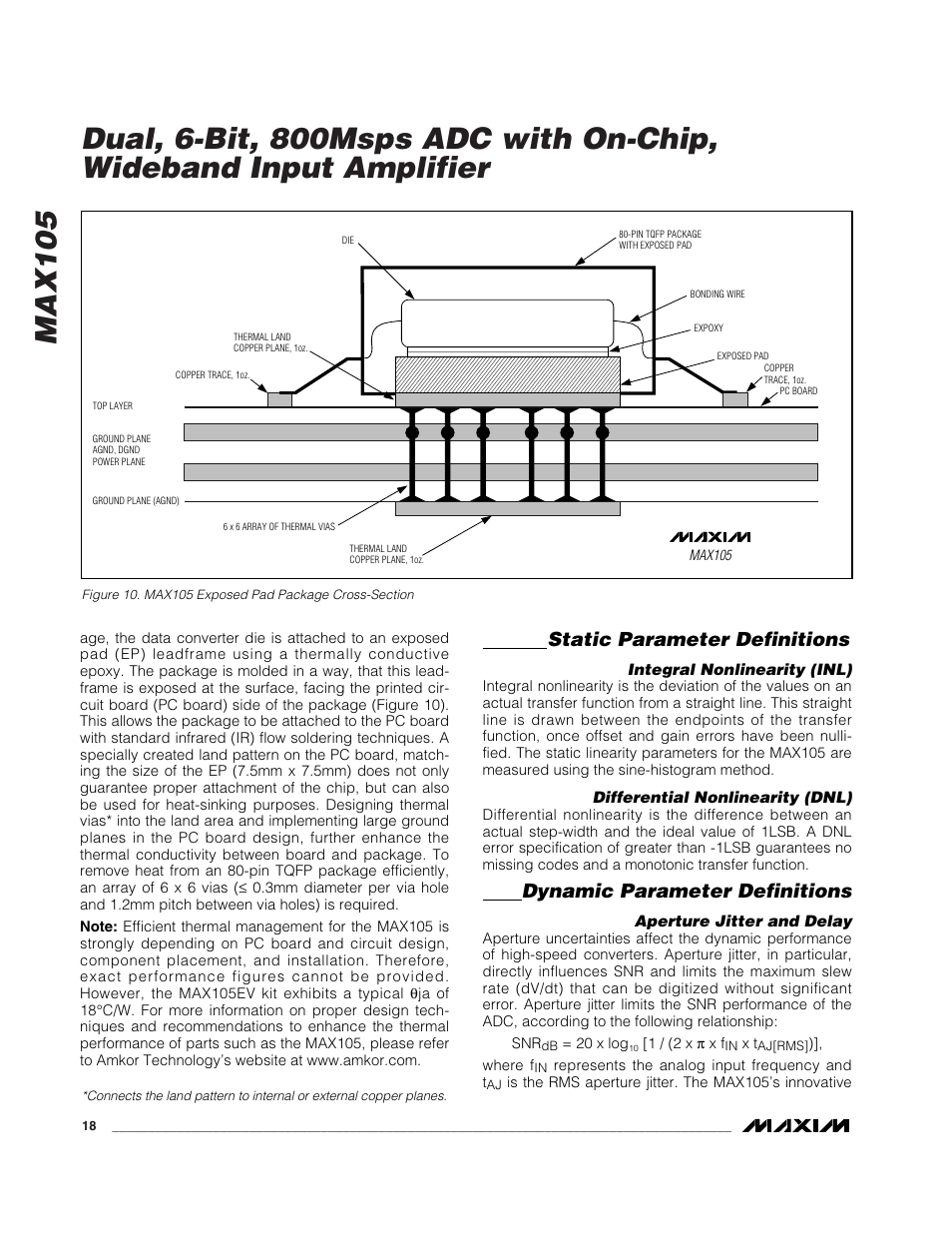 Static parameter definitions, Dynamic parameter definitions | Rainbow Electronics MAX105 User Manual | Page 18 / 21