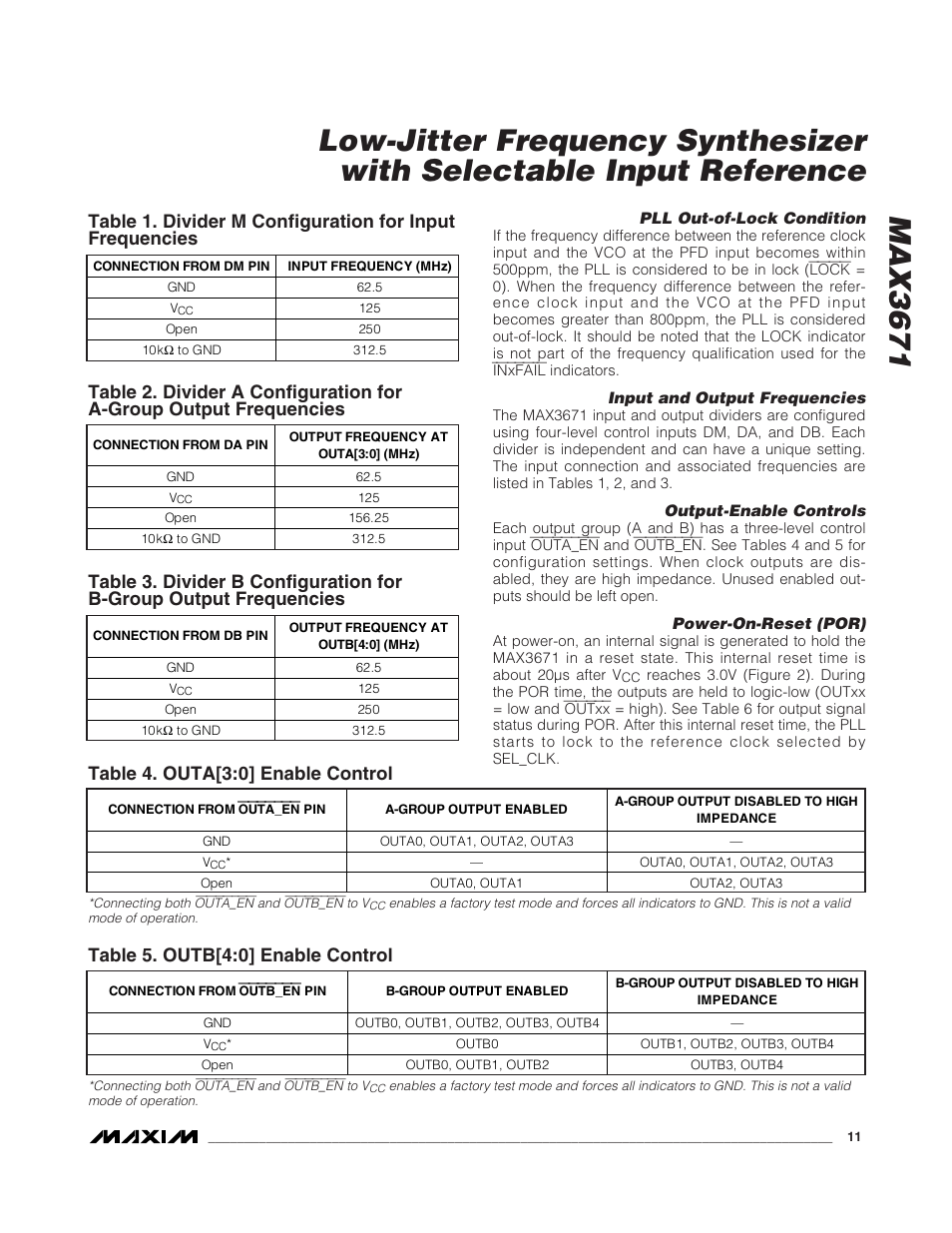Table 4. outa[3:0] enable control, Table 5. outb[4:0] enable control | Rainbow Electronics MAX3671 User Manual | Page 11 / 16