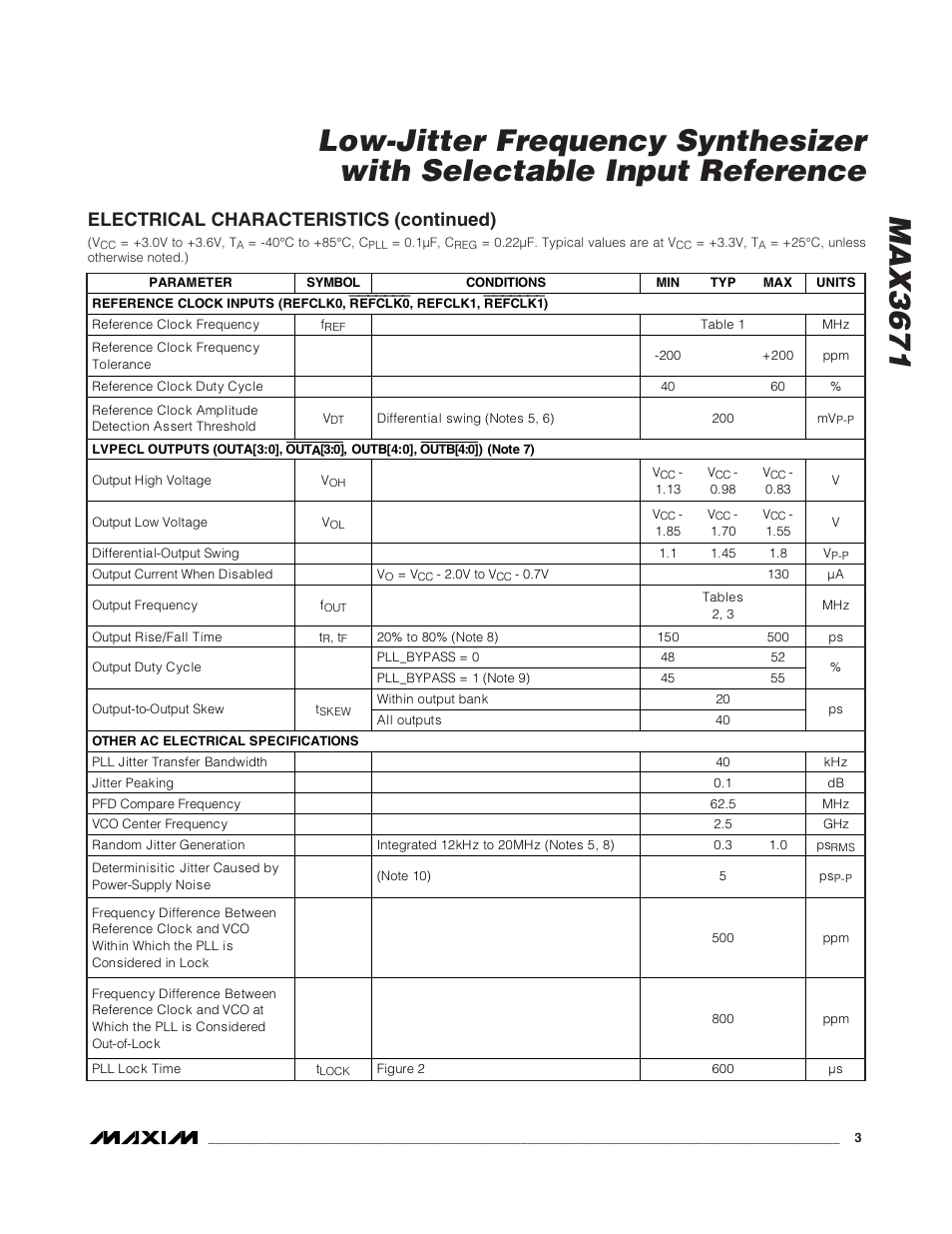 Electrical characteristics (continued) | Rainbow Electronics MAX3671 User Manual | Page 3 / 16