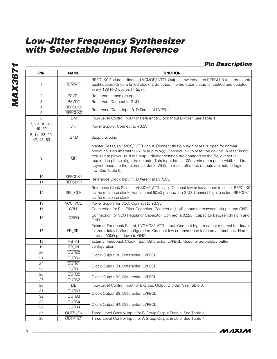 Pin description | Rainbow Electronics MAX3671 User Manual | Page 8 / 16