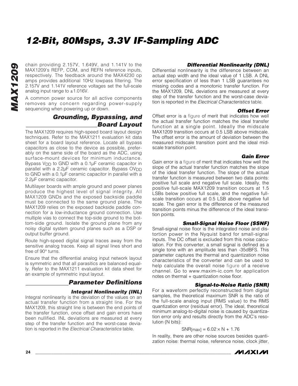 Max1209, Bit, 80msps, 3.3v if-sampling adc, Grounding, bypassing, and board layout | Parameter definitions | Rainbow Electronics MAX1209 User Manual | Page 24 / 27