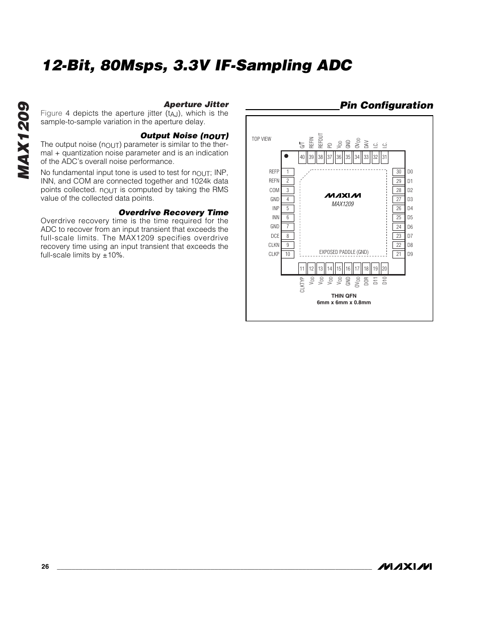 Max1209, Bit, 80msps, 3.3v if-sampling adc, Pin configuration | Aperture jitter, Output noise (n, Overdrive recovery time | Rainbow Electronics MAX1209 User Manual | Page 26 / 27