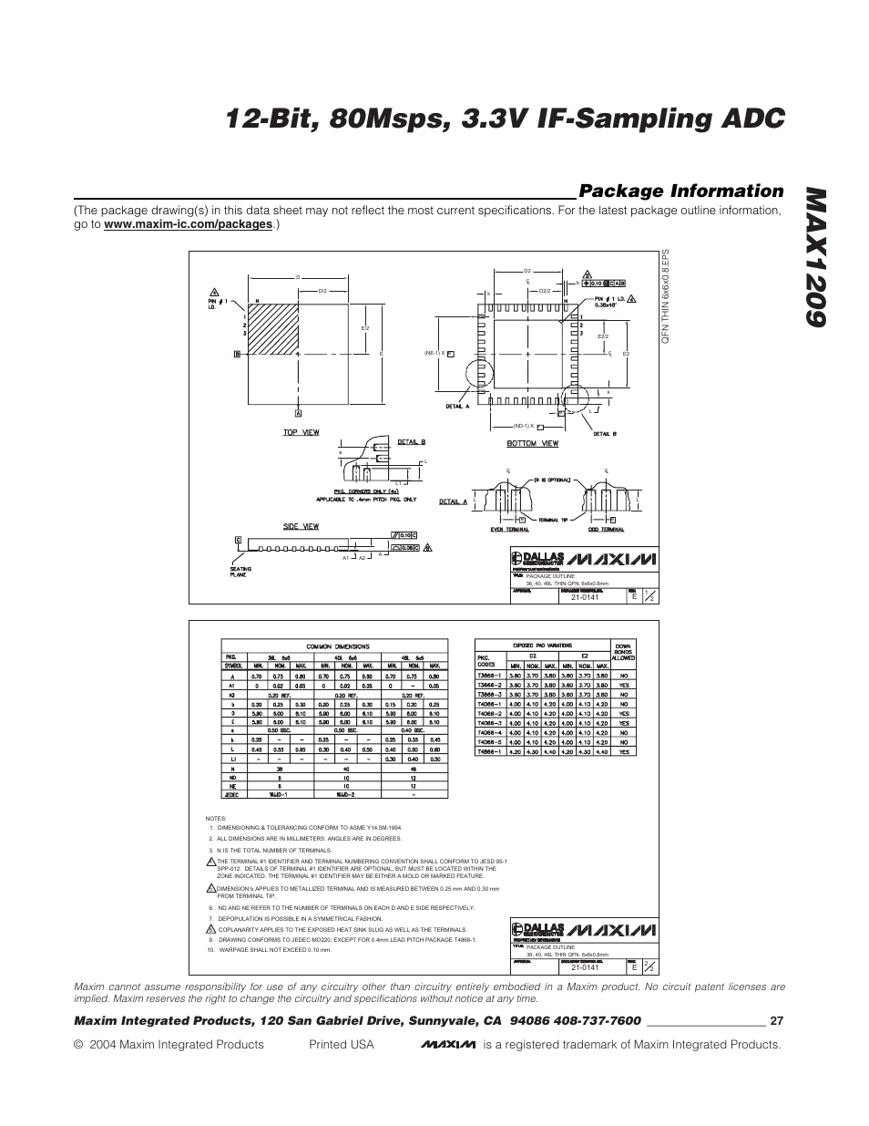 Package information | Rainbow Electronics MAX1209 User Manual | Page 27 / 27