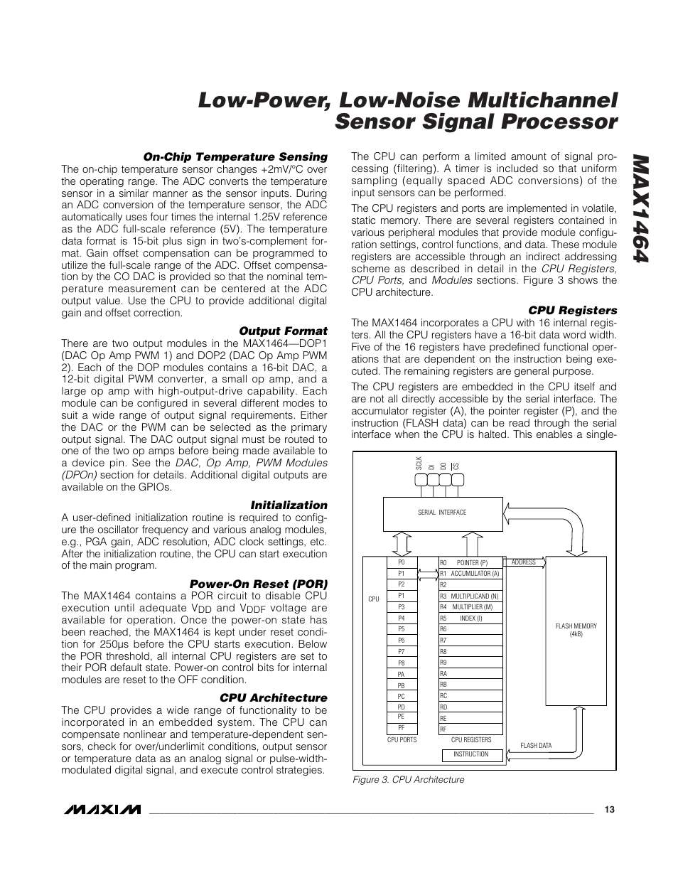 On-chip temperature sensing, Output format, Initialization | Power-on reset (por), Cpu architecture, Cpu registers | Rainbow Electronics MAX1464 User Manual | Page 13 / 47