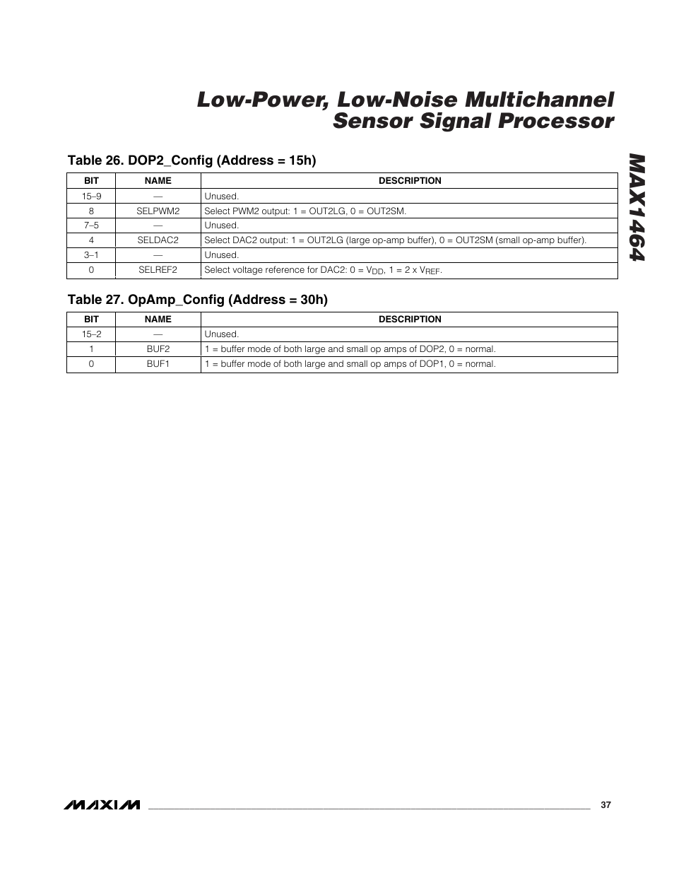 Table 27. opamp_config (address = 30h) | Rainbow Electronics MAX1464 User Manual | Page 37 / 47