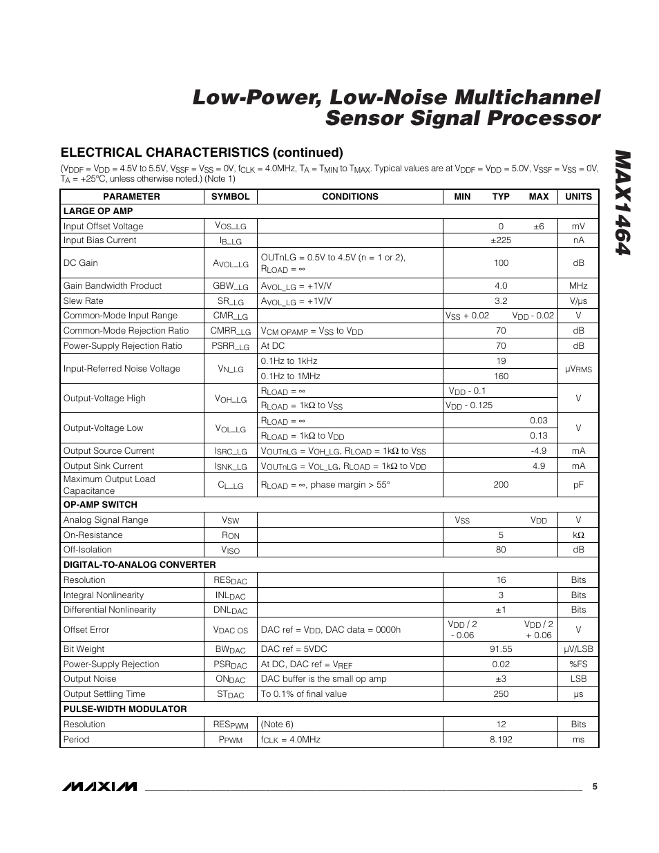 Electrical characteristics (continued) | Rainbow Electronics MAX1464 User Manual | Page 5 / 47