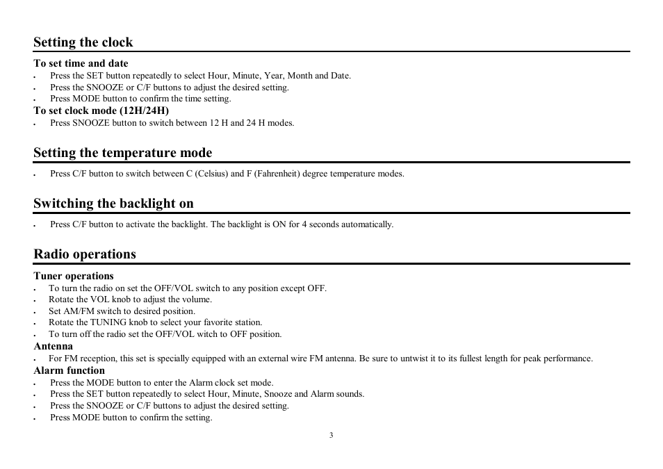 Setting the clock, Setting the temperature mode, Switching the backlight on | Radio operations, Tuner operations, Antenna, Alarm function | Hyundai H-1517 User Manual | Page 3 / 7