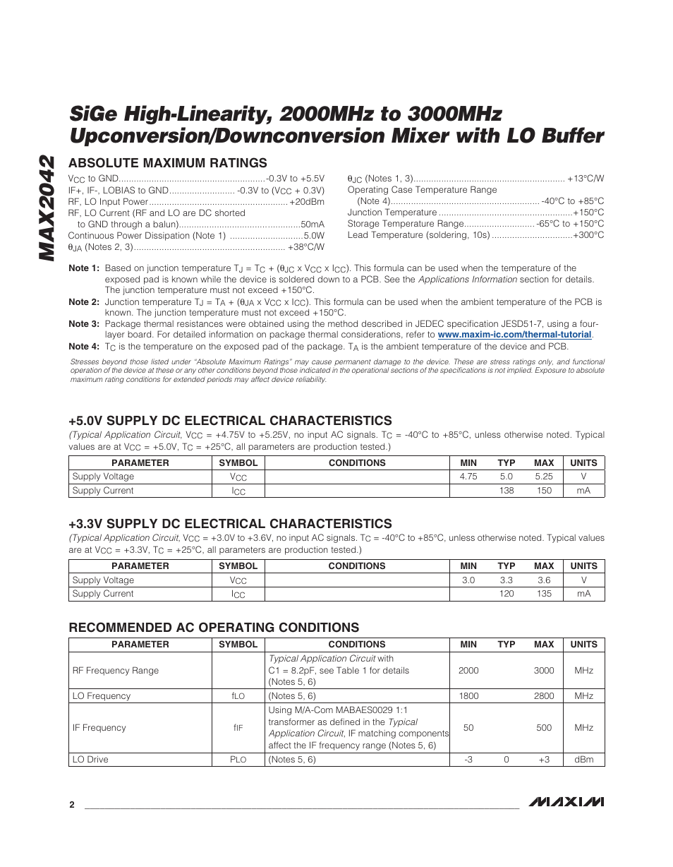 0v supply dc electrical characteristics, 3v supply dc electrical characteristics | Rainbow Electronics MAX2042 User Manual | Page 2 / 27