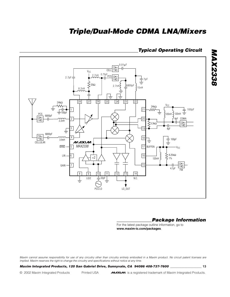 Max2338 triple/dual-mode cdma lna/mixers, Typical operating circuit package information | Rainbow Electronics MAX2338 User Manual | Page 13 / 13