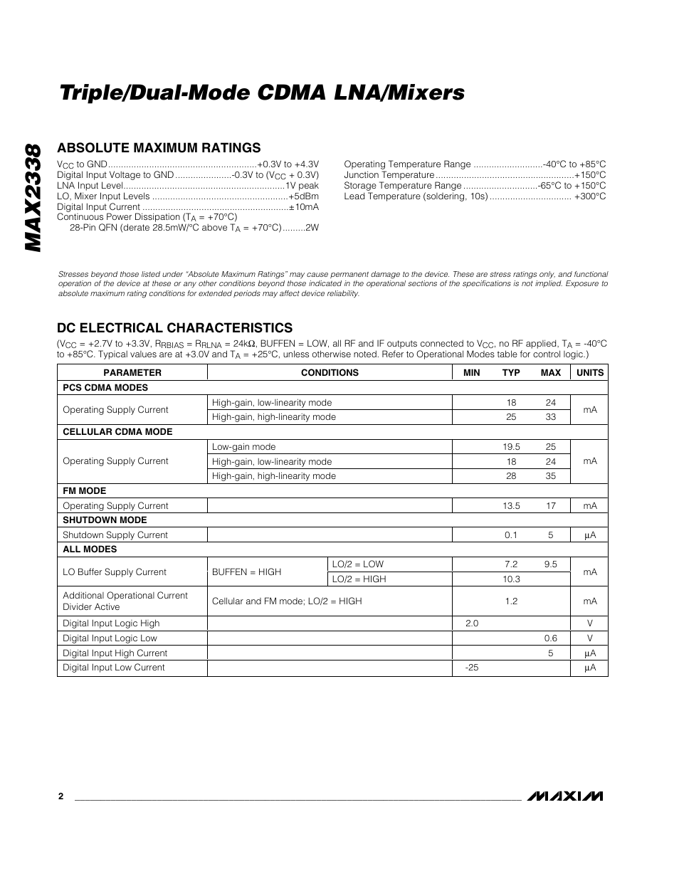 Max2338 triple/dual-mode cdma lna/mixers | Rainbow Electronics MAX2338 User Manual | Page 2 / 13