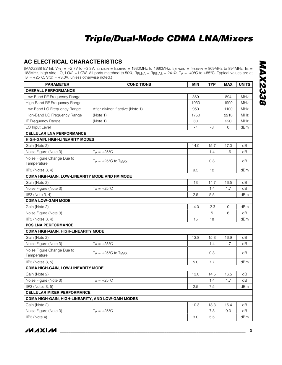Max2338 triple/dual-mode cdma lna/mixers, Ac electrical characteristics | Rainbow Electronics MAX2338 User Manual | Page 3 / 13